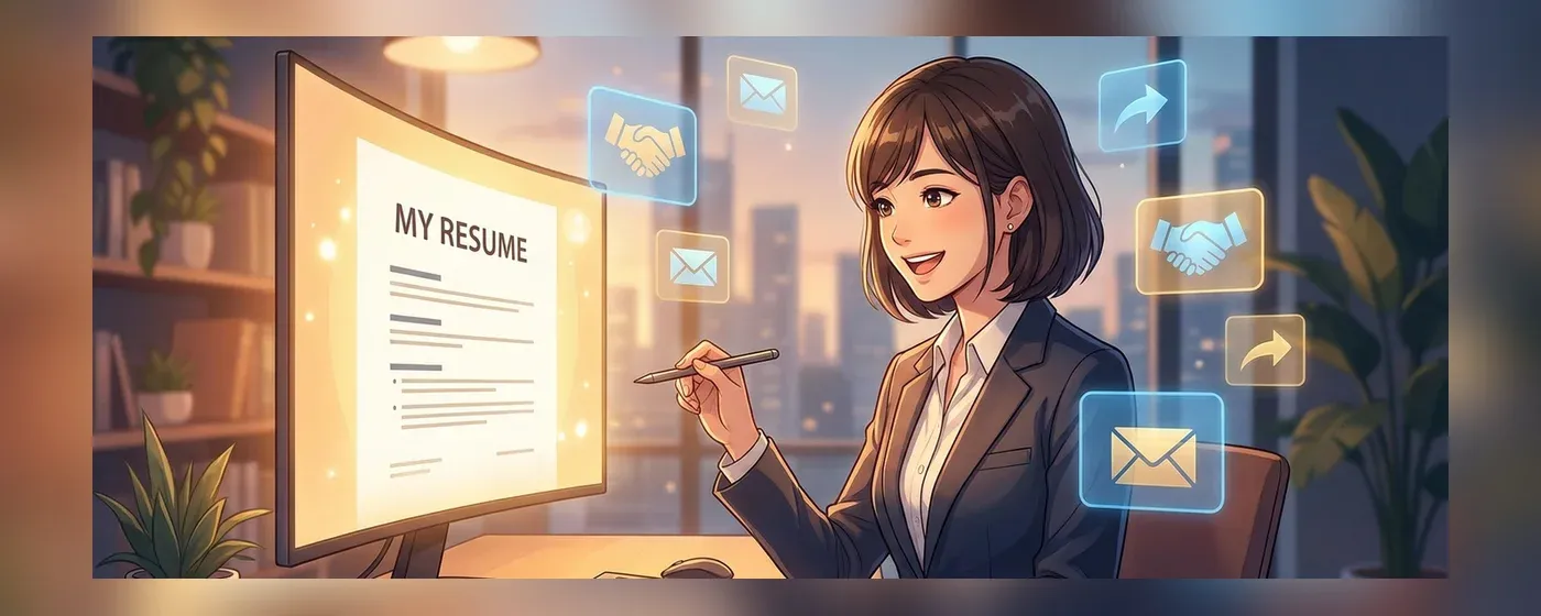 輝くPC画面で職務経歴書を自信をもって作成する人物