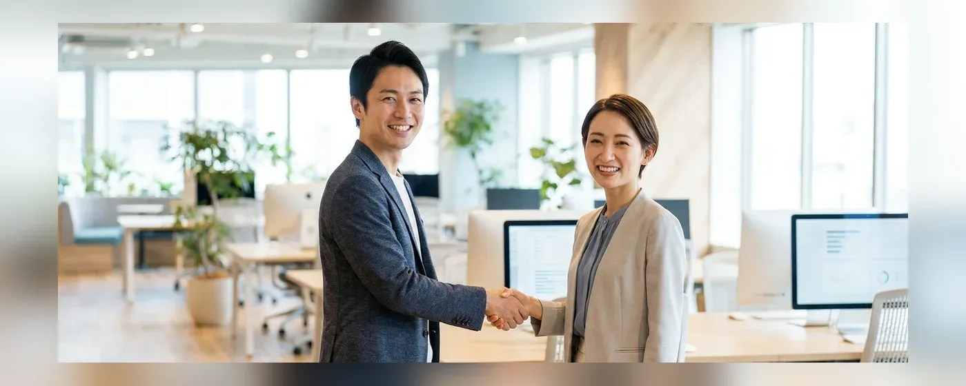 新しい職場で同僚と笑顔で握手するビジネスパーソン
