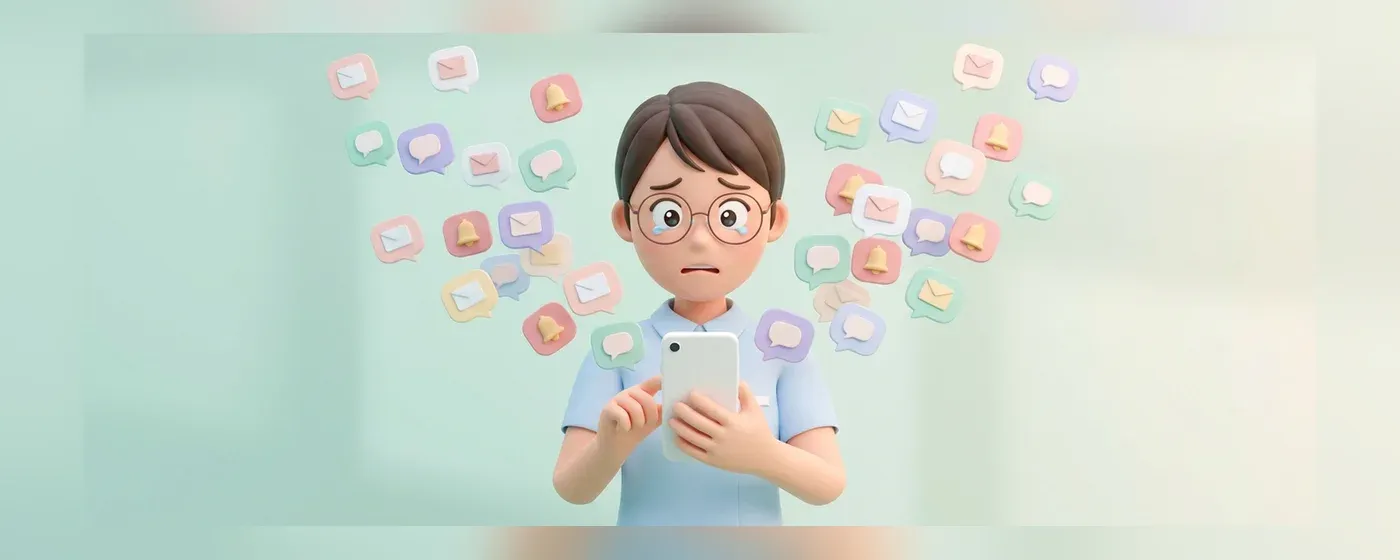 スマートフォンからの大量の通知に困惑する看護師の3Dイラスト