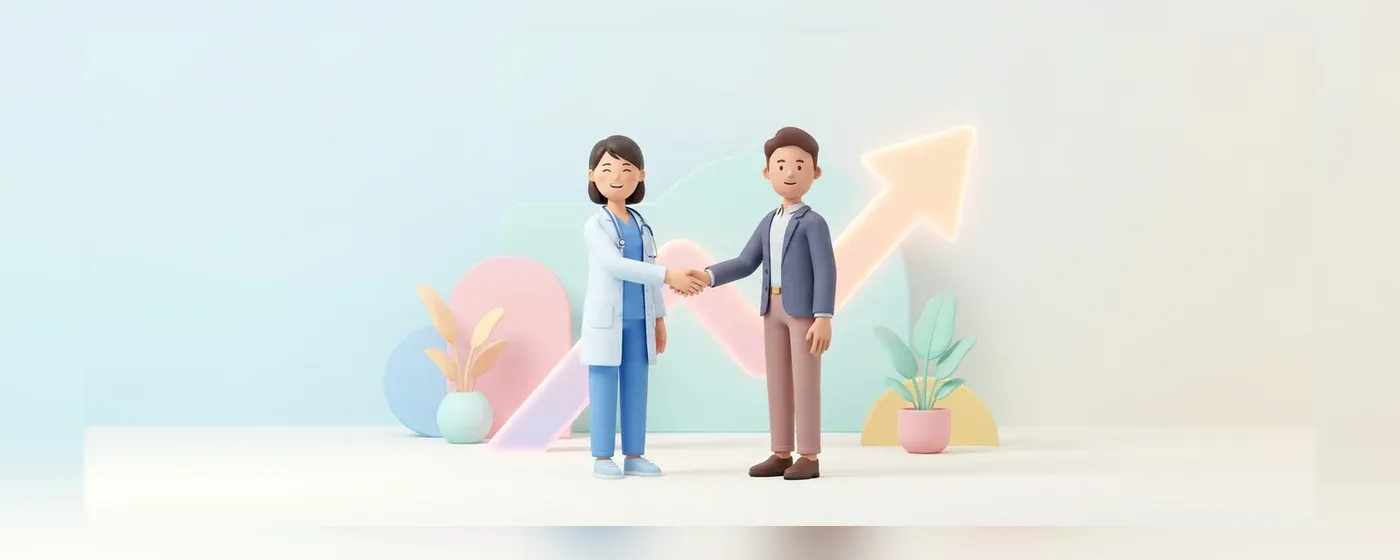 転職エージェントと握手をして成功を喜ぶ看護師の3Dイラスト