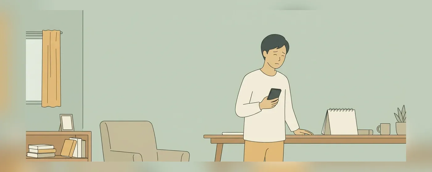 スマートフォンを手に困った表情で卓上カレンダーを見る人物
