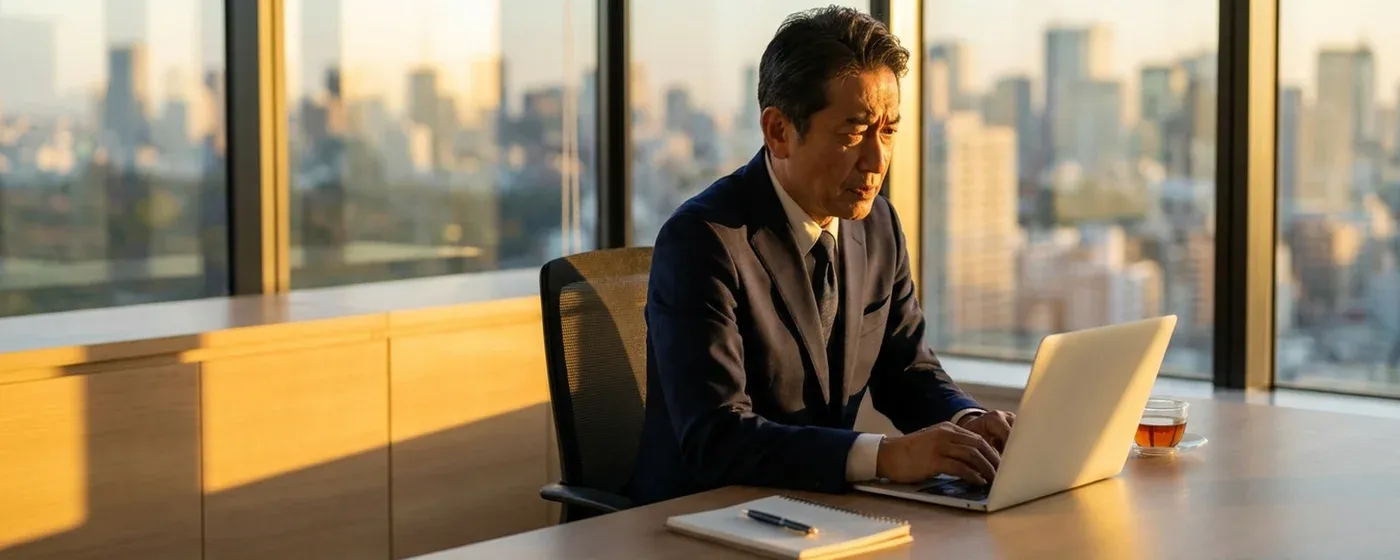 パソコンの画面を見つめて考え込む50代の男性ビジネスパーソン