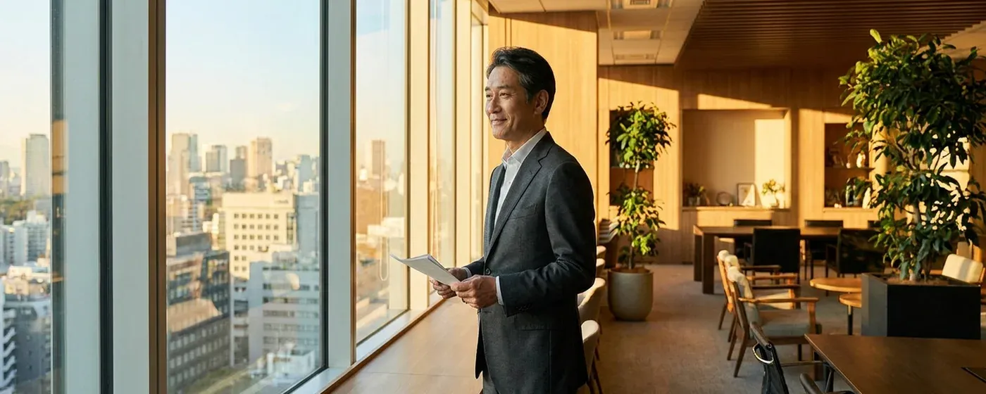 窓際で書類を手に持ち自信に満ちた表情で立つ50代男性