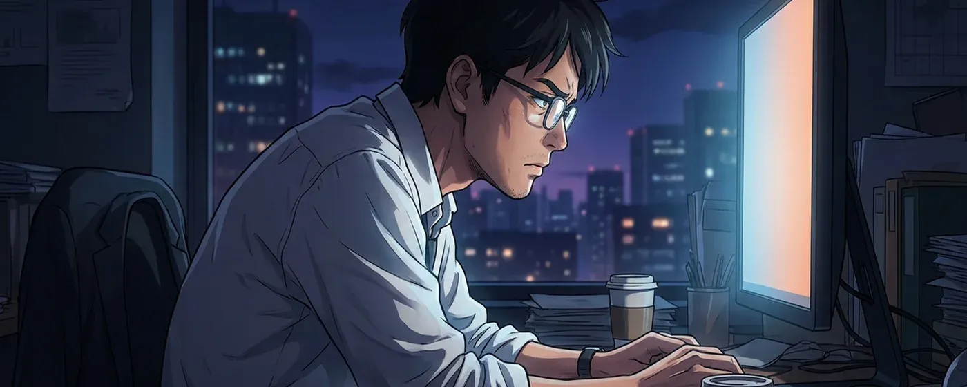 夜のオフィスで一人パソコンの光に照らされる社員