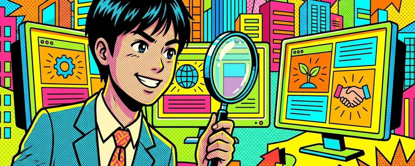 巨大な虫眼鏡で複数の書類を真剣に見比べる若手ビジネスパーソン