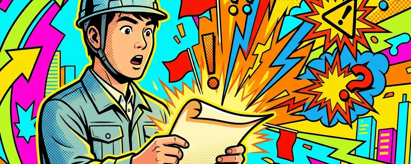 怪しげなビルを背景に警戒しながら求人票を見つめる若手ビジネスパーソン