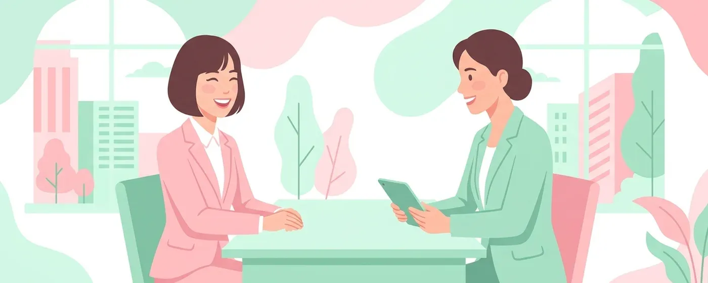 面接で面接官と笑顔で話す若い女性のイラスト