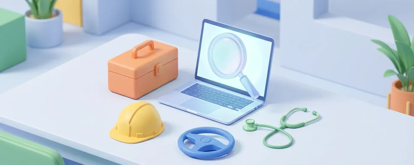 パソコンの周りにヘルメットや工具など専門職の道具が浮かぶ立体的なイラスト