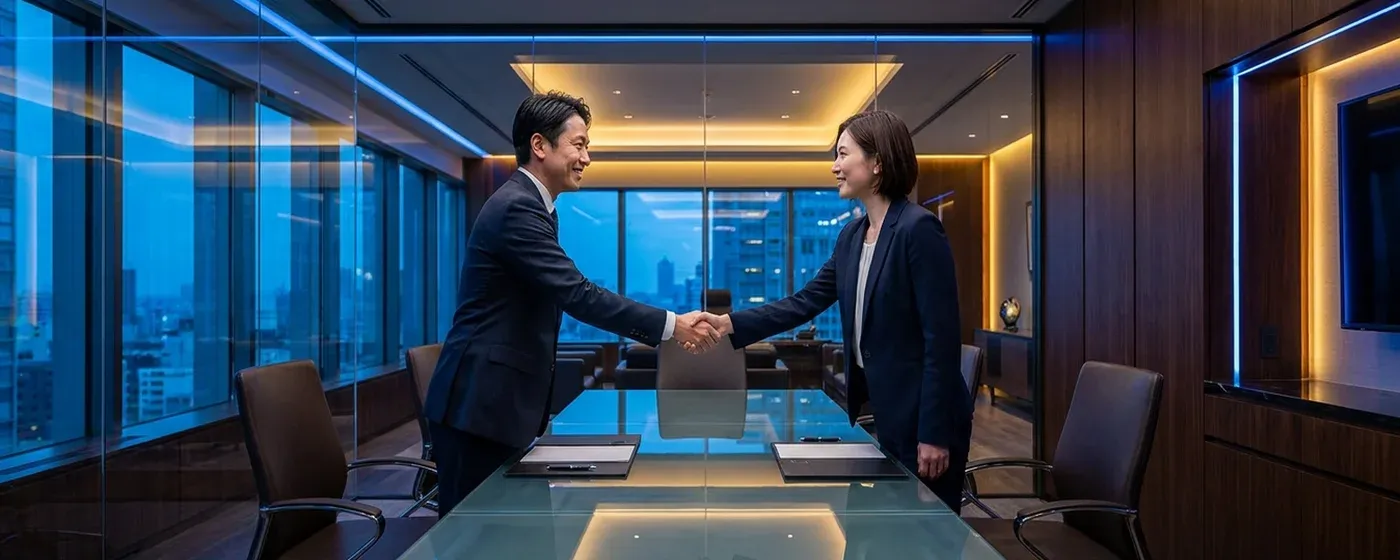 面接官と自信を持って握手をする日本人ビジネスパーソン
