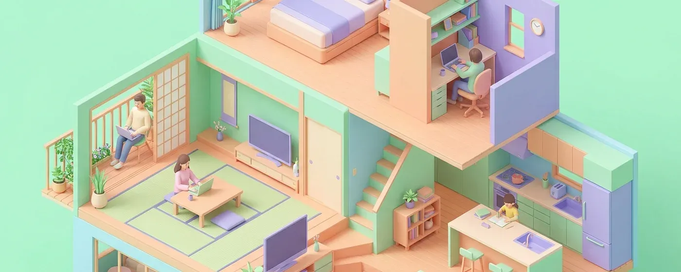 自宅でパソコンに向かって様々な仕事をする人々のアイソメトリックイラスト