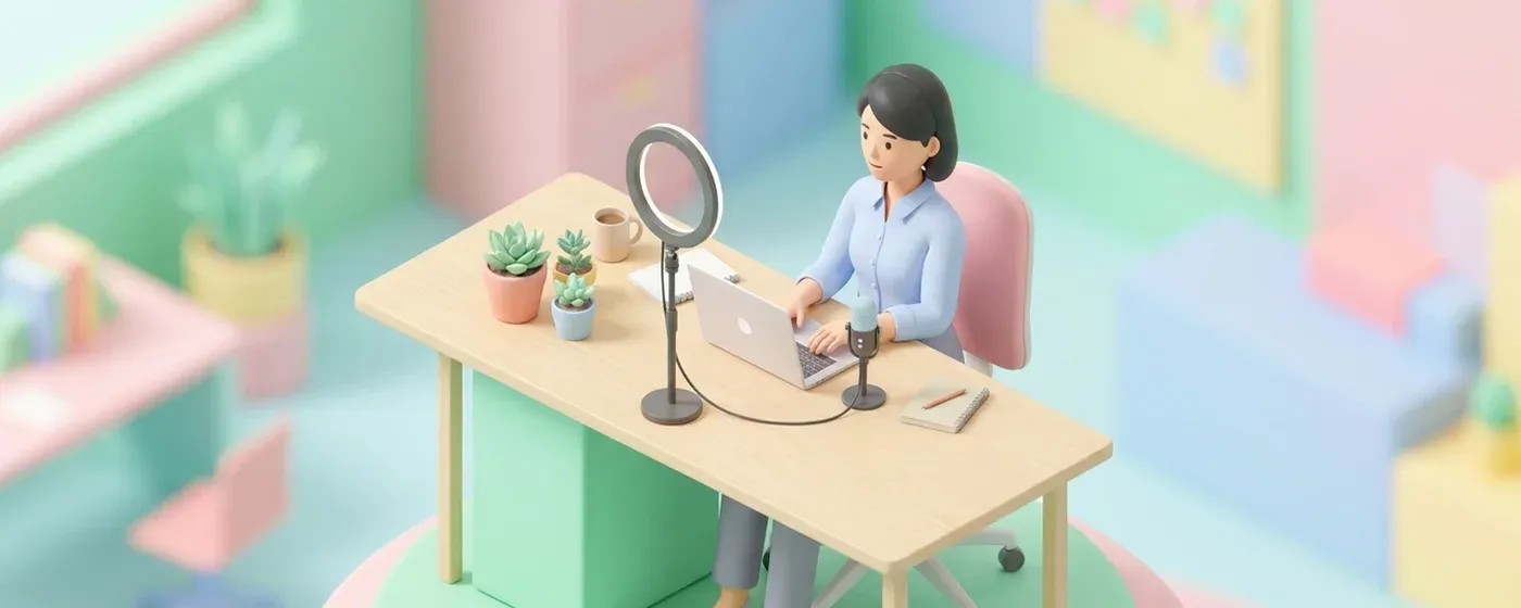 リングライトを設置してオンライン面接を受ける求職者のアイソメトリックイラスト
