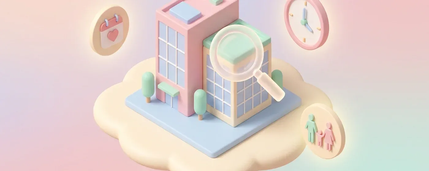 虫眼鏡を使って複数のオフィスビル模型を見比べる女性の3Dイラスト