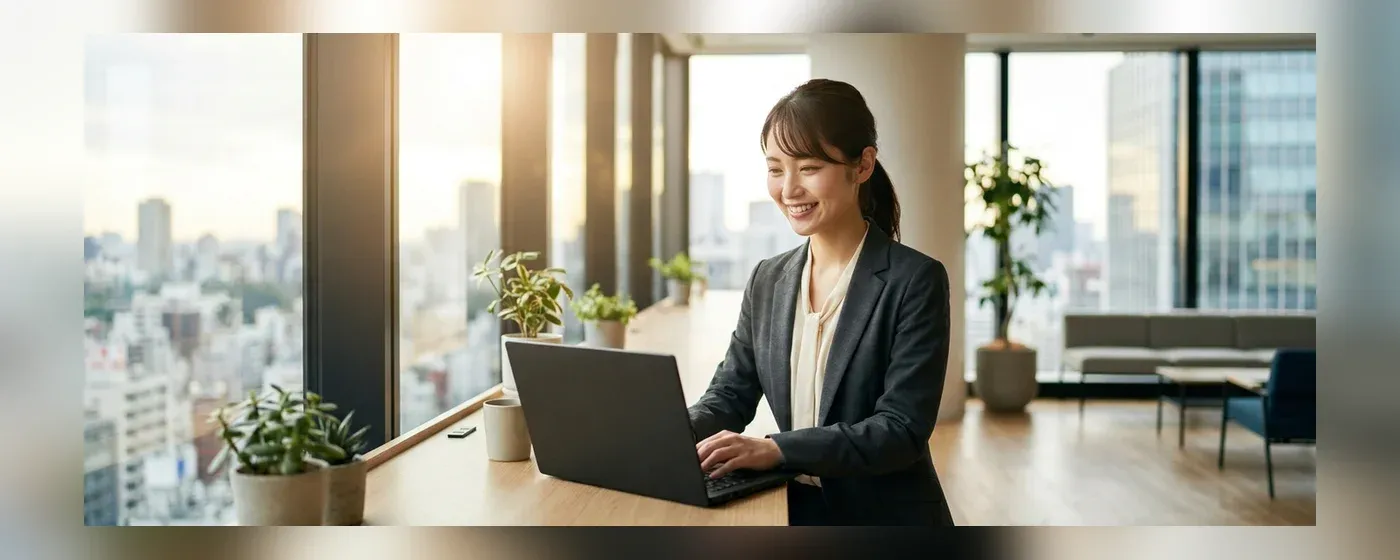 明るいオフィスでパソコンに向かい笑顔で仕事をするスーツ姿の女性