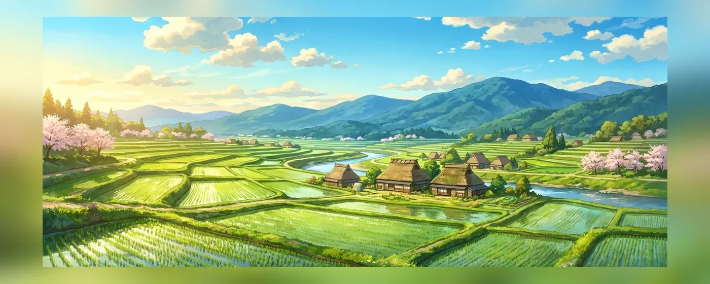 広大な緑の田園風景と遠くにそびえる山々