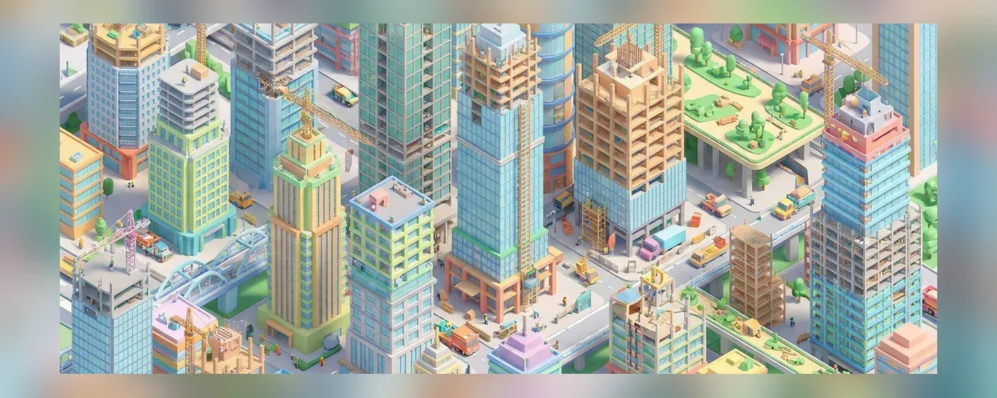 建設中のビルと完成したエコな未来都市のアイソメトリックイラスト