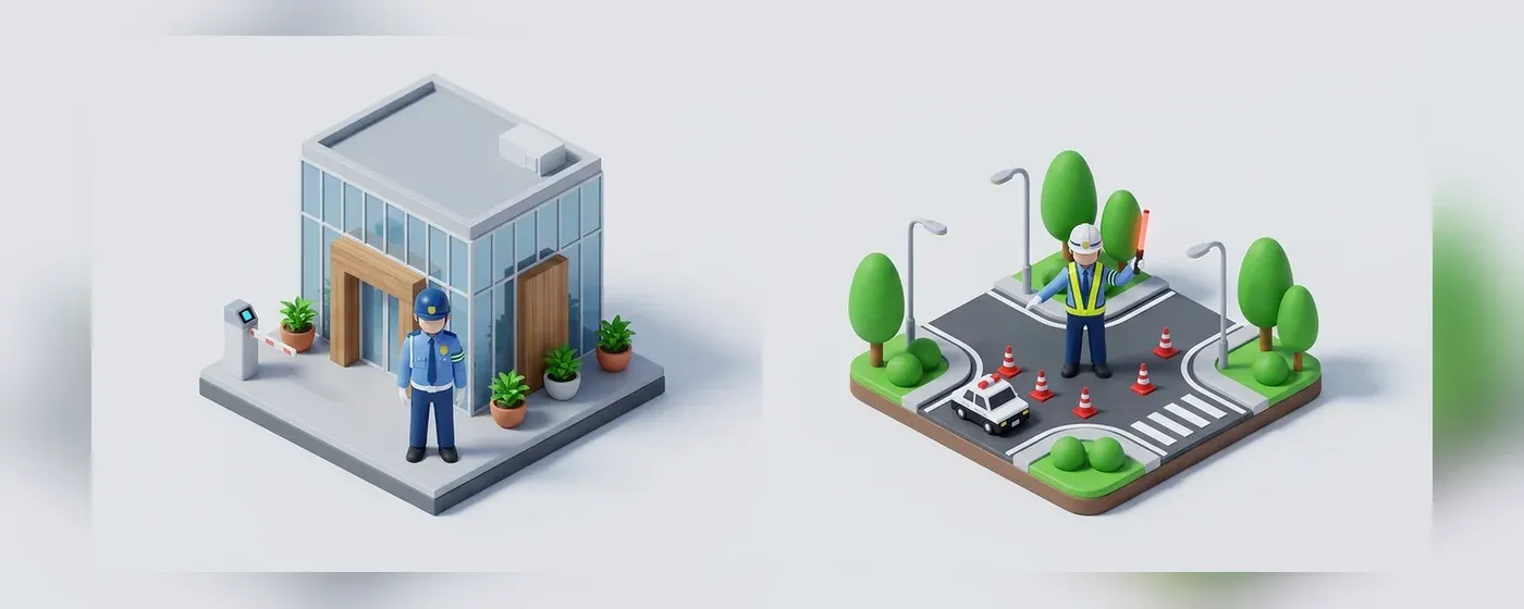 オフィスビルと工事現場で働く警備員の3Dイラスト