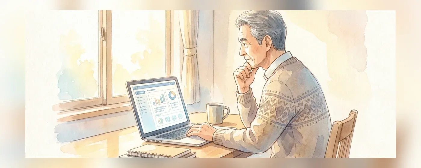 パソコンの前で仕事探しについて考え込む60代男性