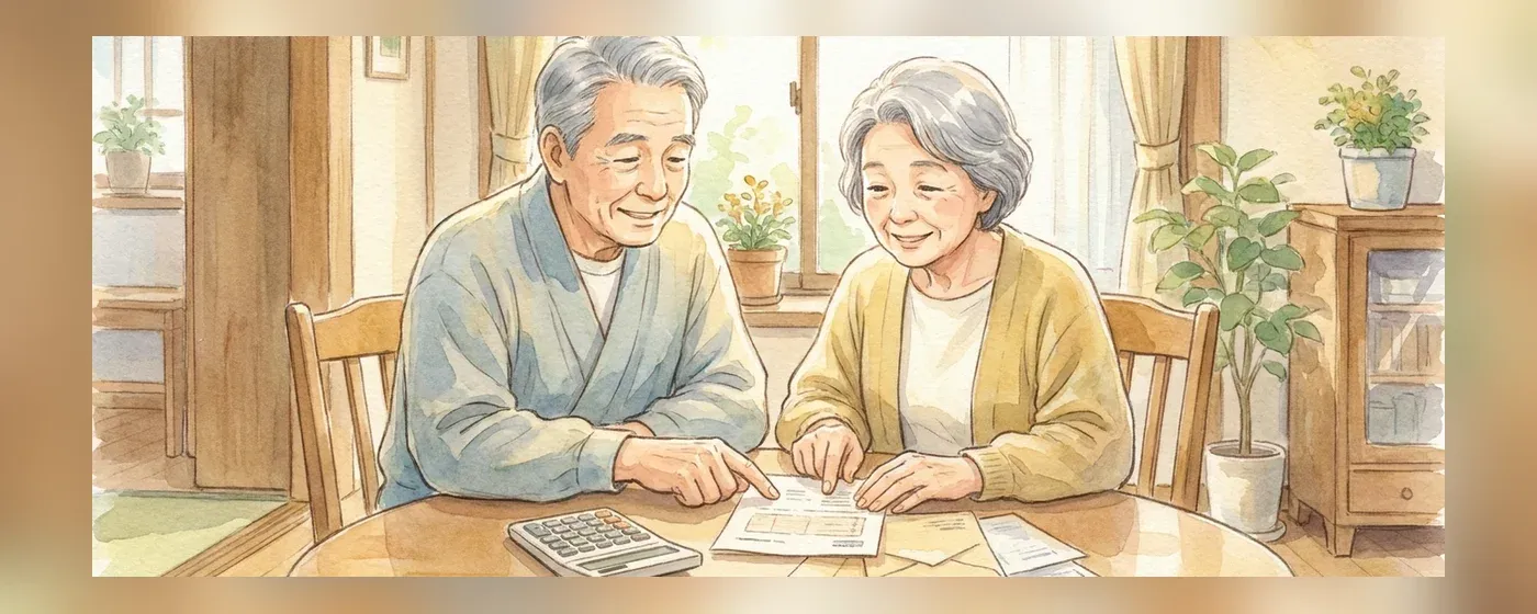 テーブルの上で電卓や書類を見ながら話し合うシニア夫婦