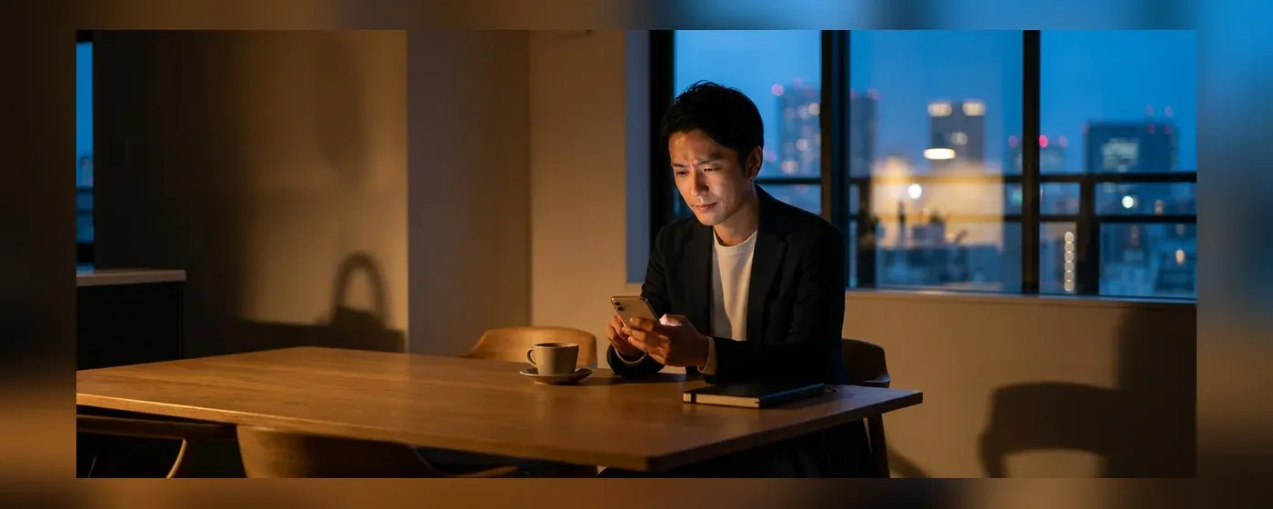 スマホを見ながら生活費について考える30代のビジネスパーソン