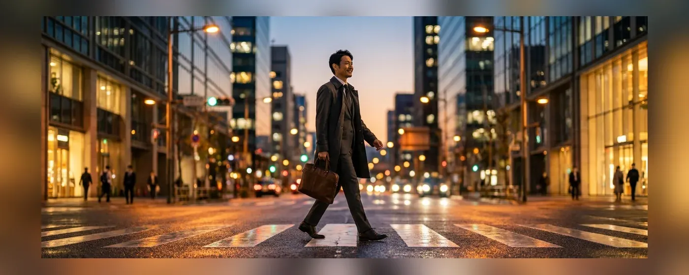 夕暮れの都市空間を自信を持って歩く30代のビジネスパーソン