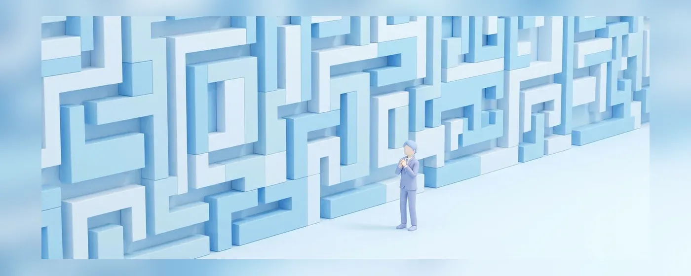 巨大な迷路のような壁を見上げて悩むビジネスパーソンの3Dイラスト