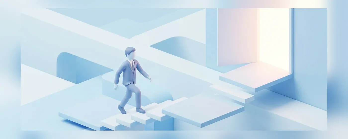 階段を登り頂上の光る扉へ向かうビジネスパーソンの3Dイラスト