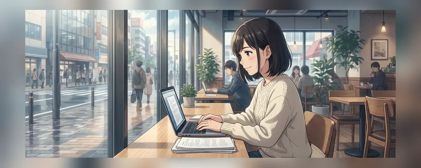 カフェで書類とパソコンを見ながら前向きに検討する若い女性