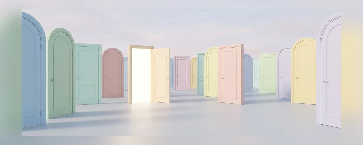 複数の扉から一つを選ぶ抽象的な人物の3Dモデル