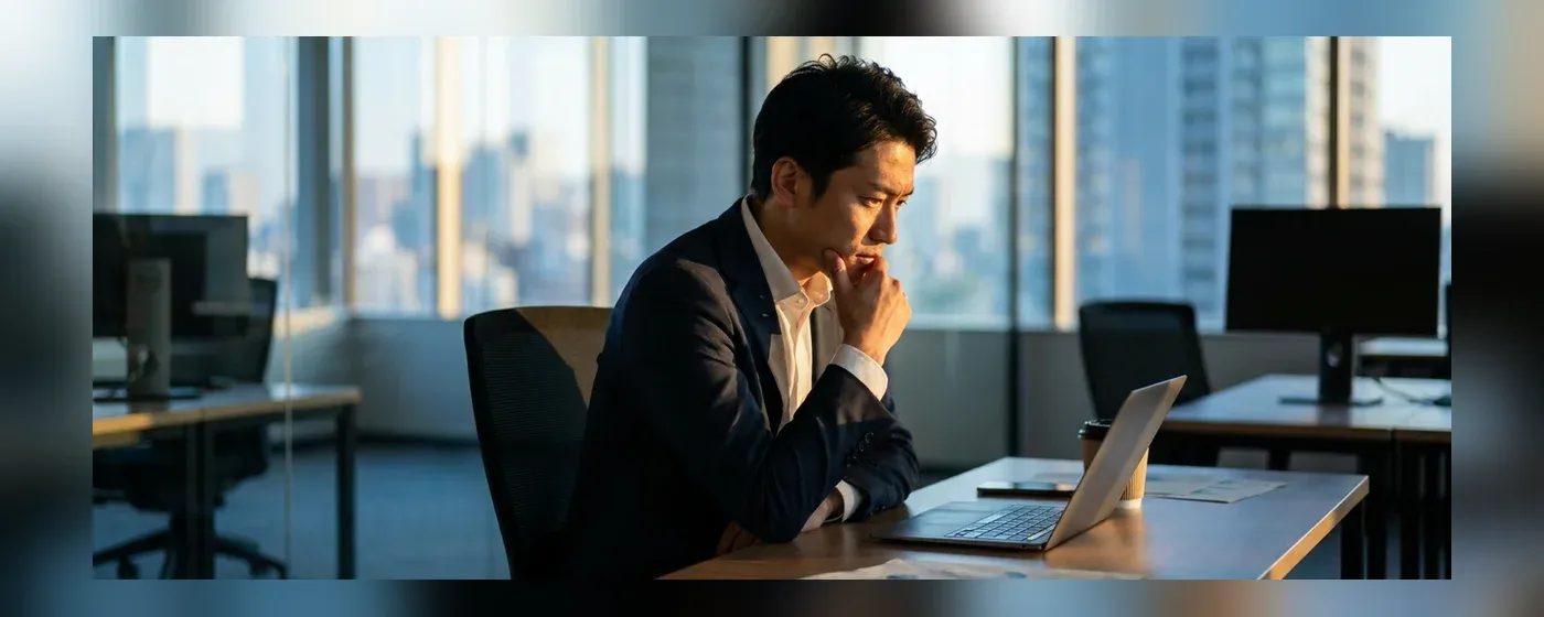 夕暮れのオフィスでパソコンの前で考え込む30代男性社員
