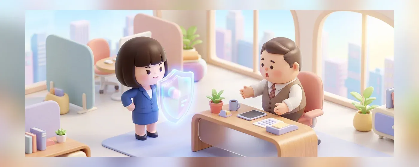デスク越しに上司と向き合い盾を構える社員