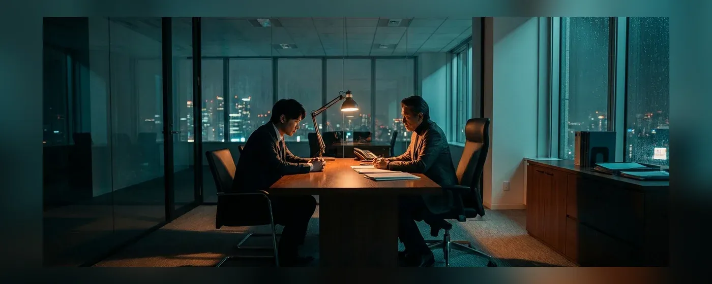 デスク越しに上司と向き合い緊張感のある交渉をする社員