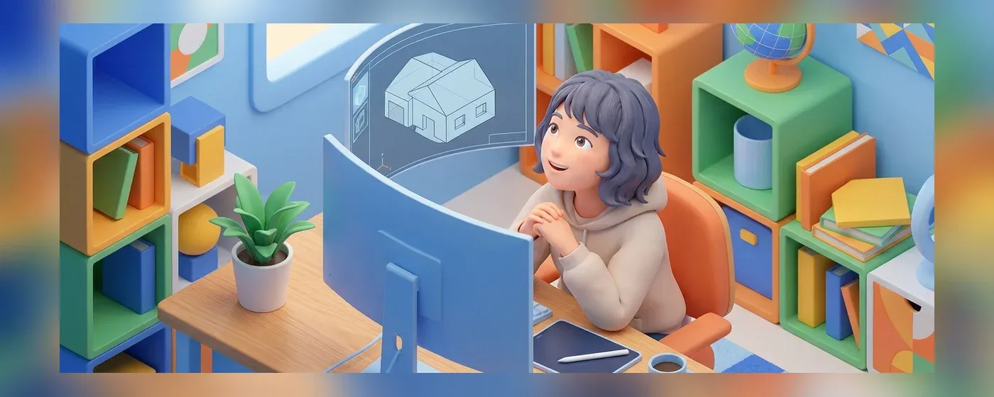 パソコンで3Dモデルを見つめる初心者のアイソメトリックイラスト