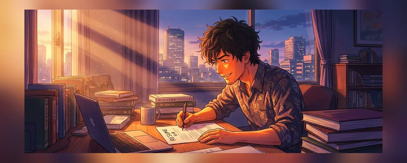 窓際の明るいデスクで希望を持って履歴書に向かう男性