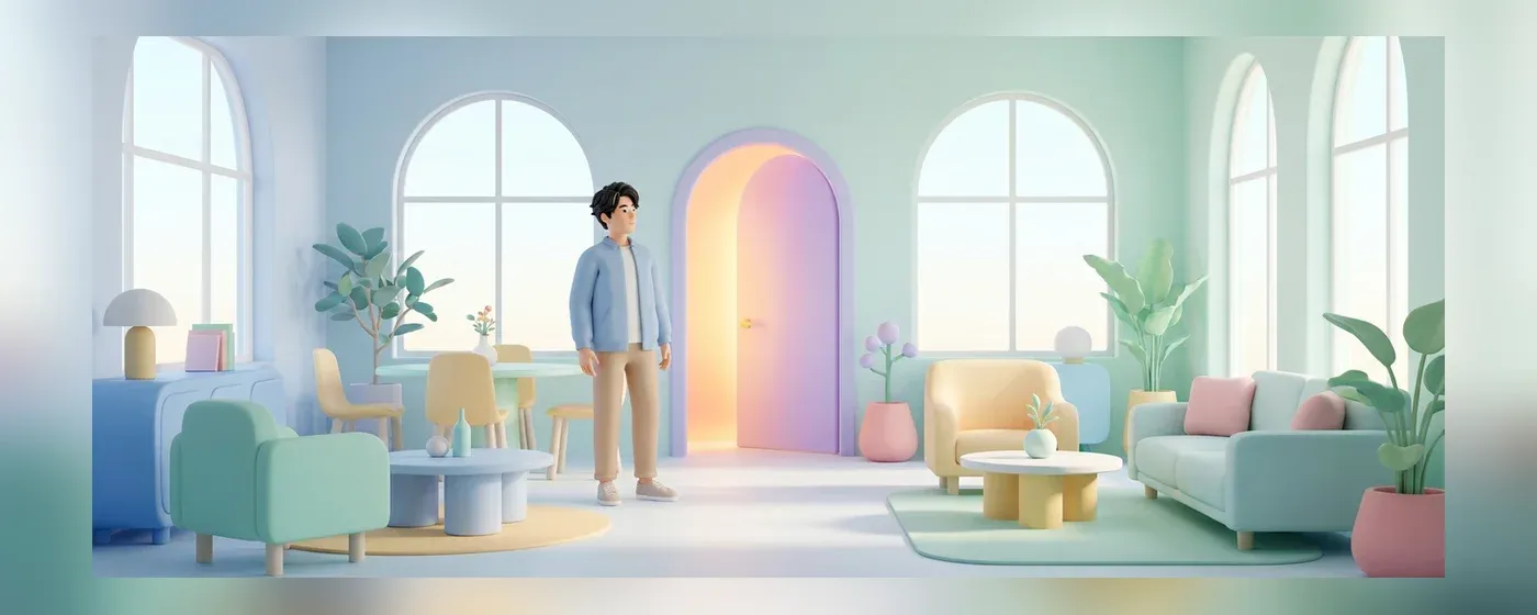光る扉を見つめながら少し考え込むカジュアルな服装の若い男性