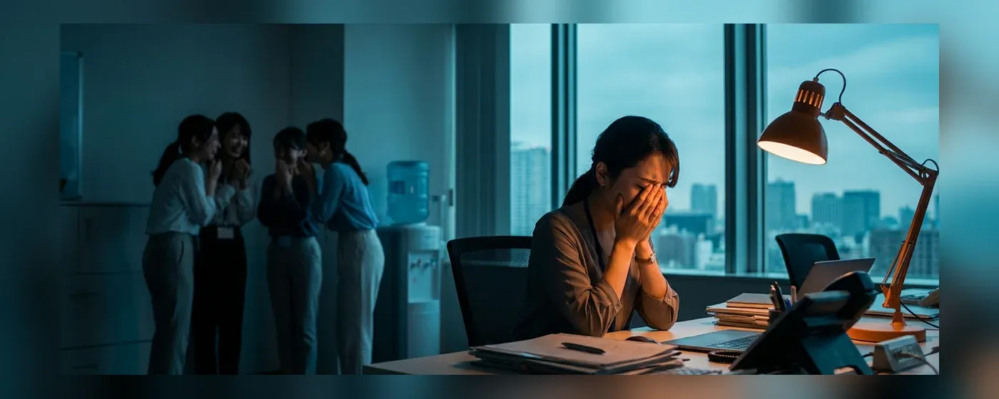 職場で孤立し暗い表情で下を向く日本人女性社員