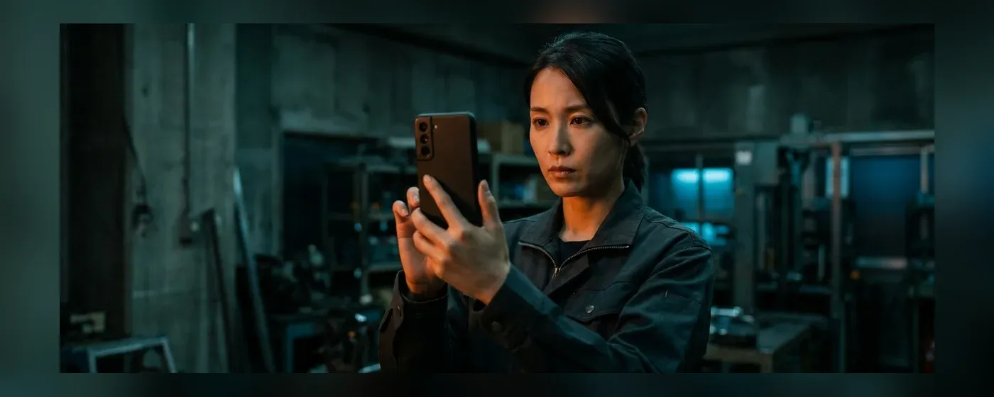 暗い部屋でスマートフォンを真剣に見つめる日本人女性