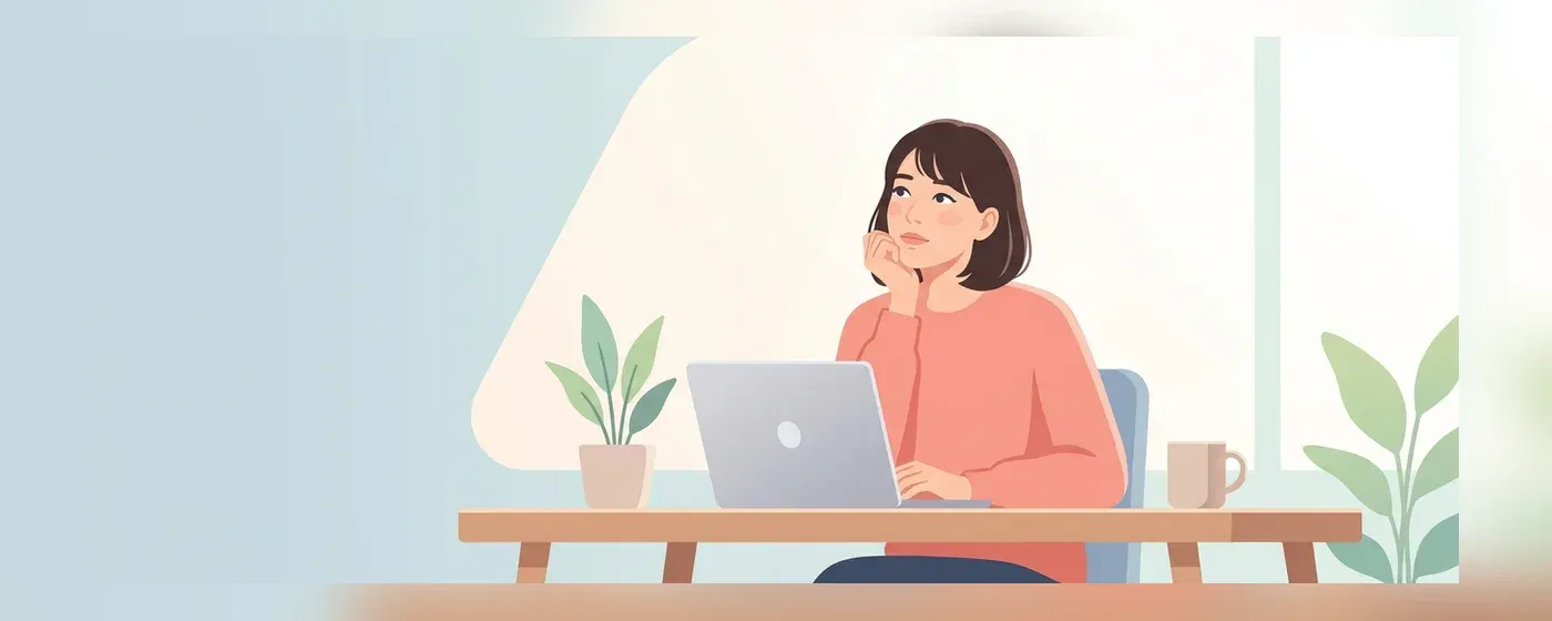パソコンの前で悩みながら将来について考える女性