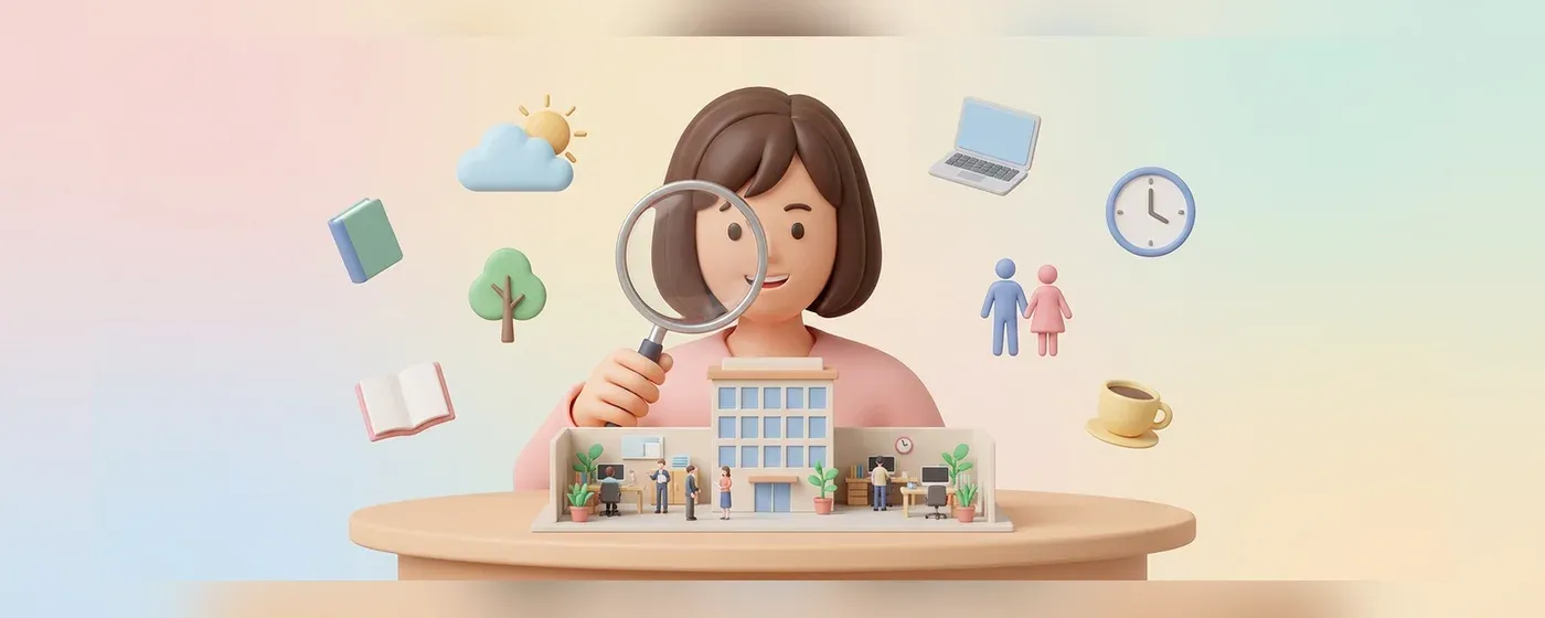 虫眼鏡でオフィスビルを観察する女性の3Dイラスト