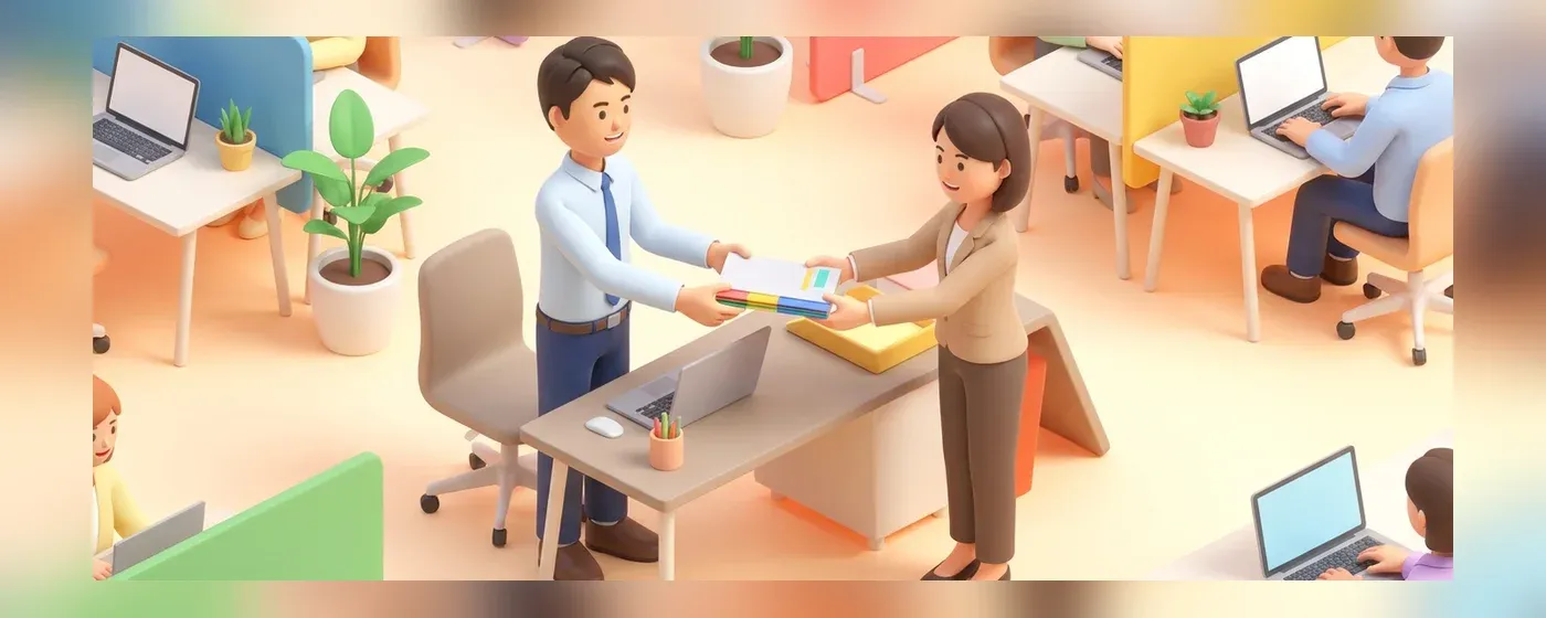 笑顔でファイルを手渡して引き継ぎをする2人のビジネスパーソン