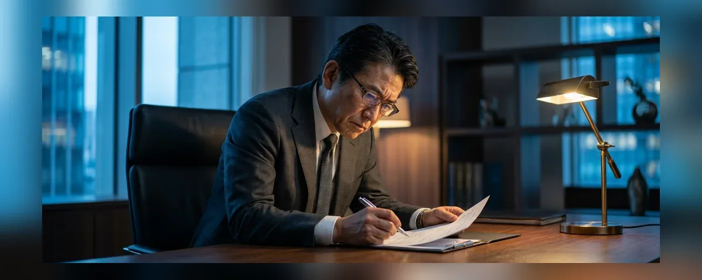 手元の書類にペンを走らせながら真剣な表情で情報を確認するビジネスパーソン