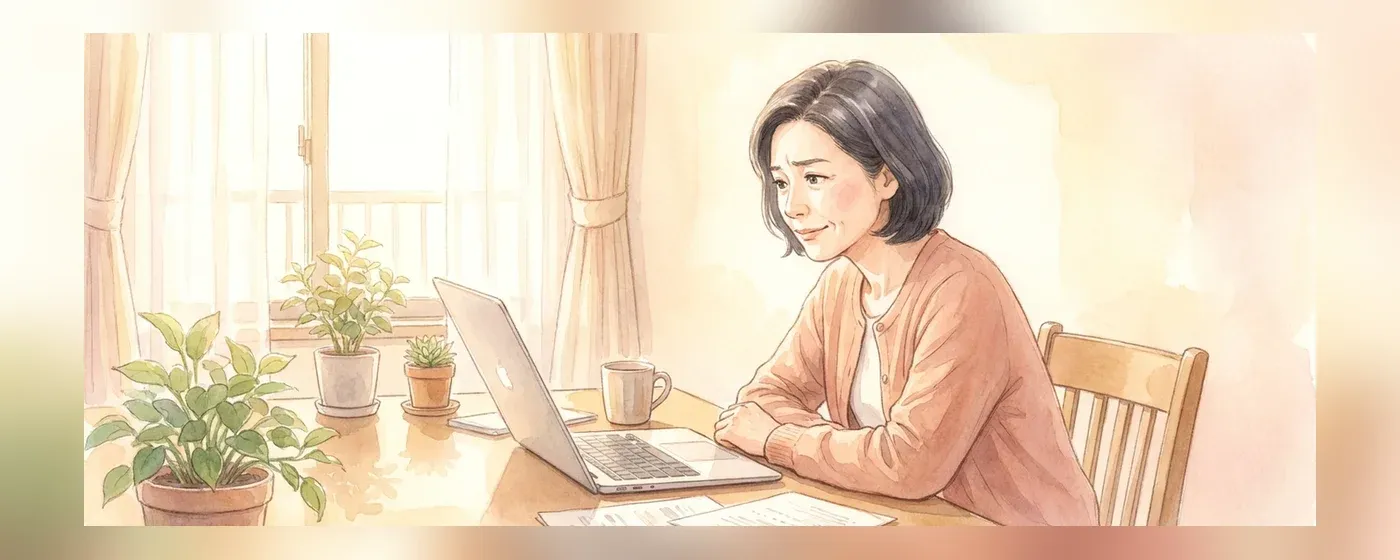 パソコンを見つめながら考え込む50代女性