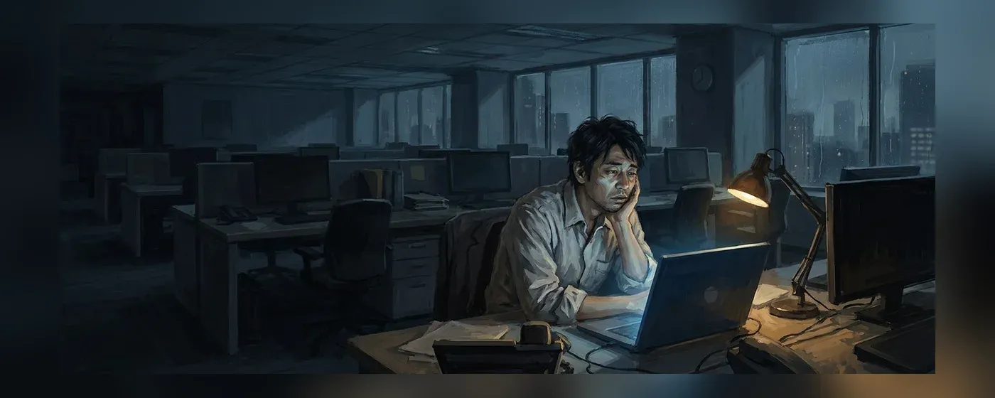 夜のオフィスでため息をつきながらパソコンを見つめる男性社員