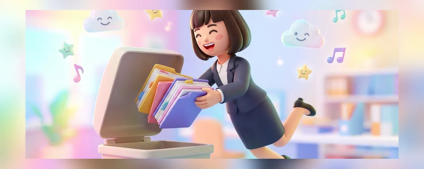 山積みの書類を放り投げて喜ぶ若手社員の3Dイラスト