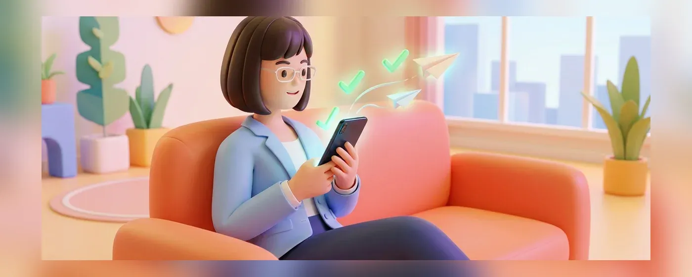 ソファでくつろぎながらスマホを操作する社員の3Dイラスト