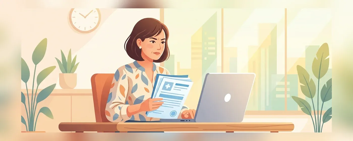 パソコンと書類が置かれた机で少し不安そうな表情を見せる40代女性