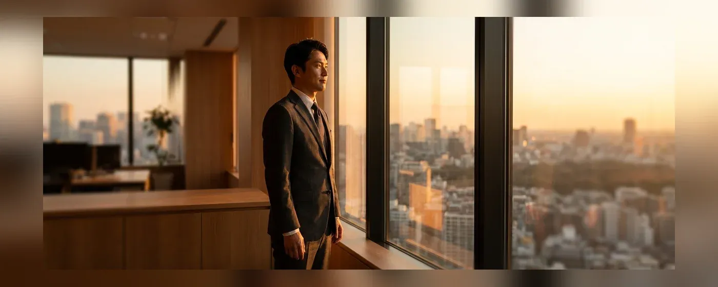 新しいキャリアの扉を見上げて希望を抱く40代ビジネスパーソン