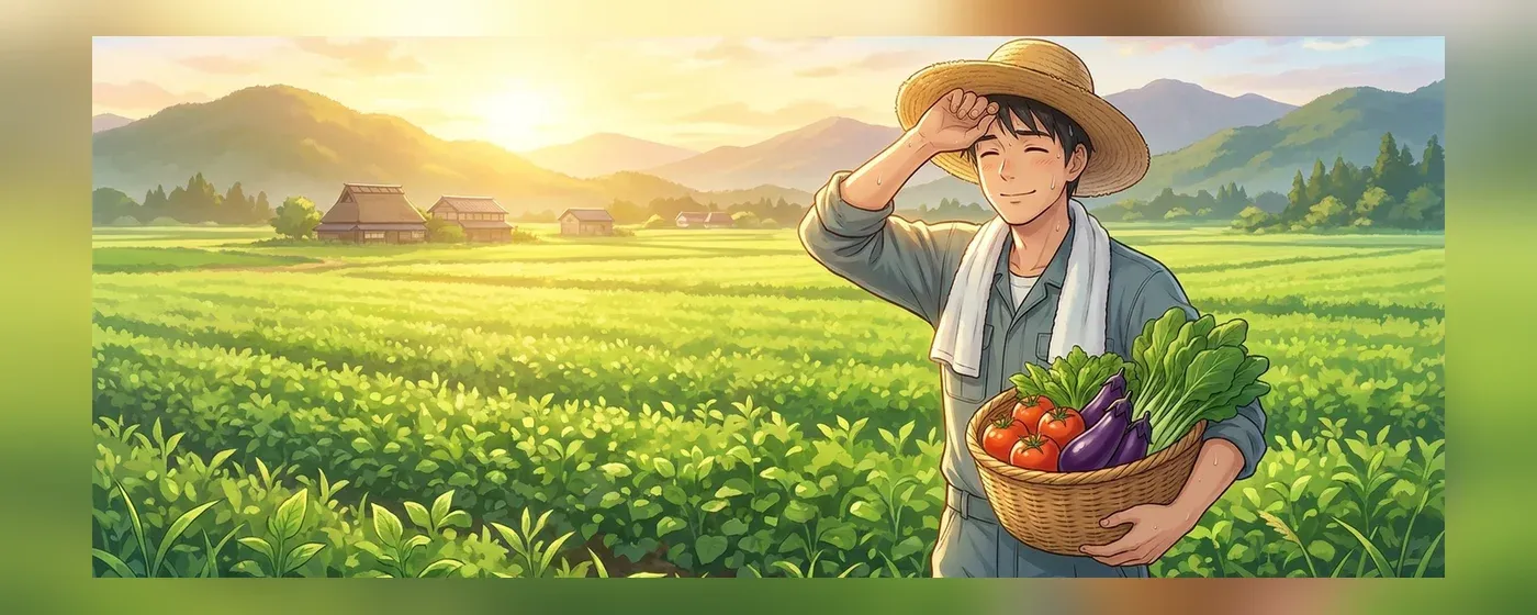 畑で汗を拭いながらも笑顔で収穫した野菜を持つ若い男性