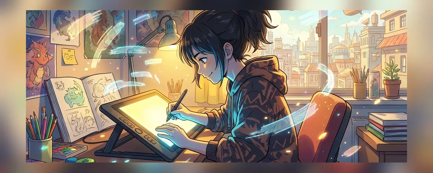 ペンタブレットを使ってデジタルイラストを描く若者