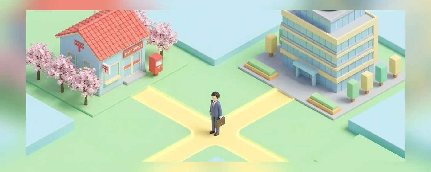2つの分かれた道の前に立つ求職者の3Dイラスト