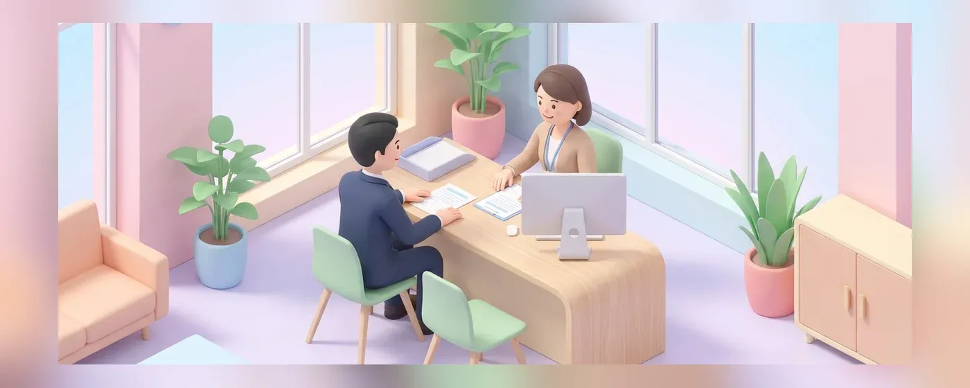 窓口でパソコンや書類を見ながら相談する求職者の3Dイラスト